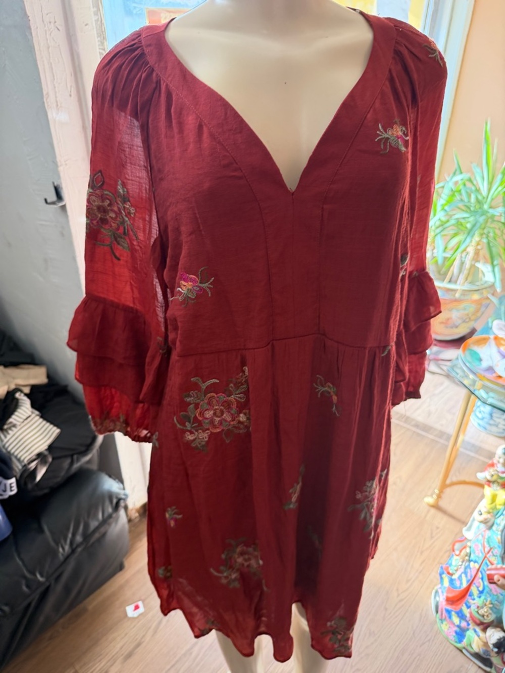 Embroidered V-Neck Boho Dress in Deep Wine - Picture 1 of 10